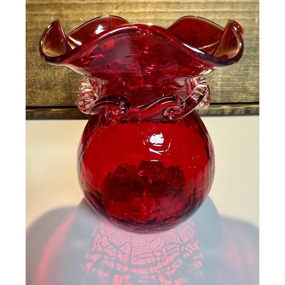 Viking Ruby Red Glass Vase with Applied Clear Band Ruffled Rim Amberina